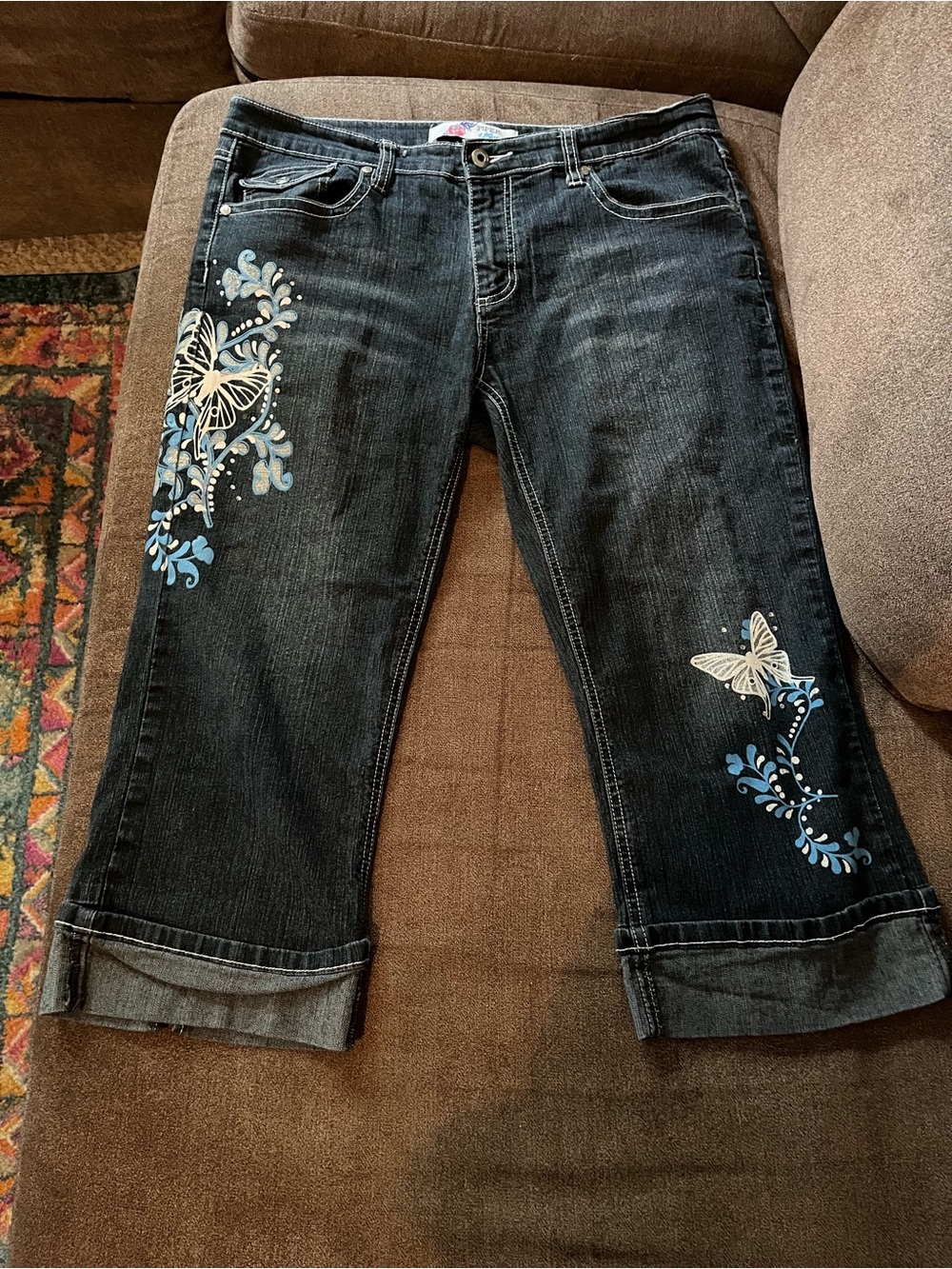 Piper Black Cropped Jeans with Blue & Cream Butterfly Embroidery